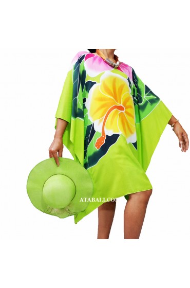 Poncho Top Dress Green Color Handpainted Balinese Flower Motif Made In Indonesia